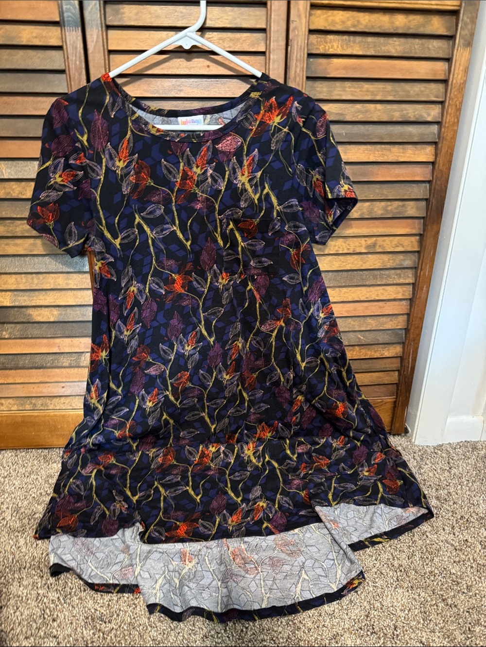 LuLaRoe Black Floral dress with Purple, Orange, Gold Leaf Print